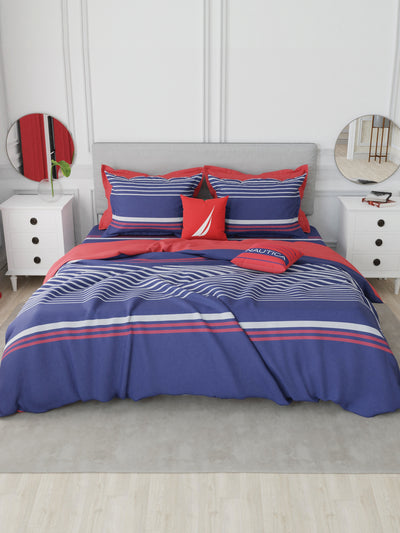 Designer 100% Satin Cotton Fitted Super King Bedsheet With Elastic Corners With 2 Pillow Covers <small> (stripe-navy blue/red)</small>