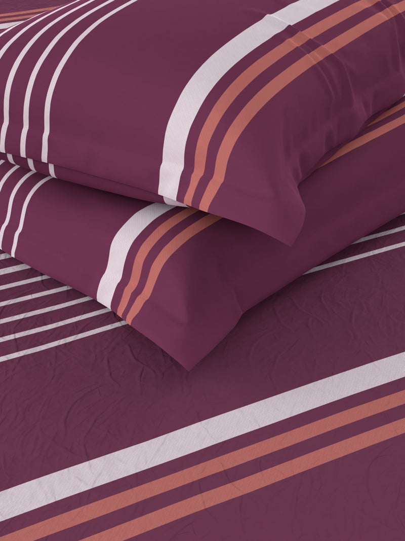 Designer 100% Satin Cotton Fitted Super King Bedsheet With Elastic Corners With 2 Pillow Covers <small> (stripe-maroon)</small>