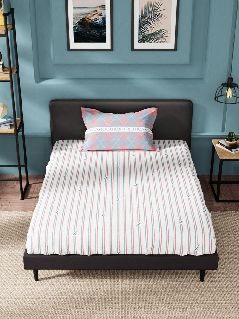 Super Soft 100% Cotton Single Bedsheet With 1 Pillow Cover <small> (stripe-red/blue)</small>