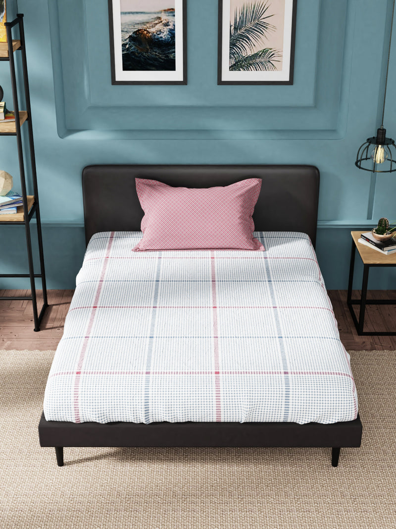 Super Soft 100% Cotton Single Bedsheet With 1 Pillow Cover <small> (checks-blue/red)</small>
