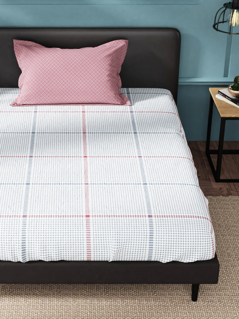 Super Soft 100% Cotton Single Bedsheet With 1 Pillow Cover <small> (checks-blue/red)</small>