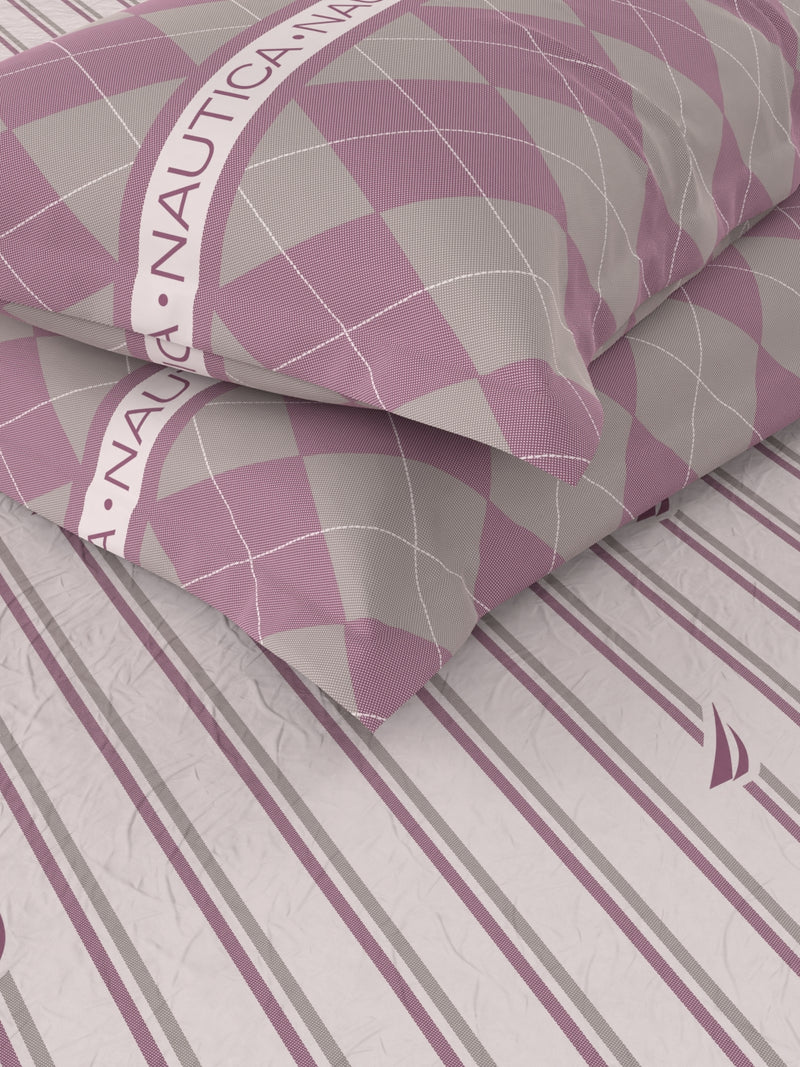 Super Soft 100% Cotton Fitted King Bedsheet With Elastic Corners With 2 Pillow Covers <small> (stripe-grey/plum)</small>
