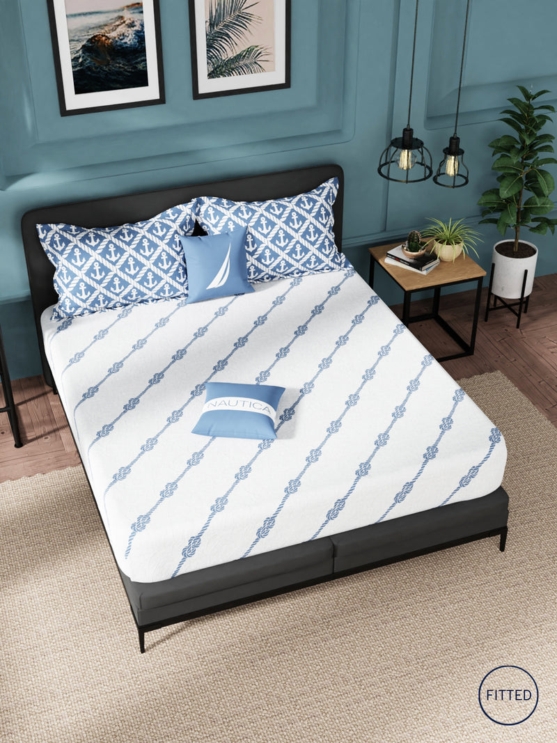 Super Soft 100% Cotton Fitted King Bedsheet With Elastic Corners With 2 Pillow Covers <small> (abstract-blue/white)</small>