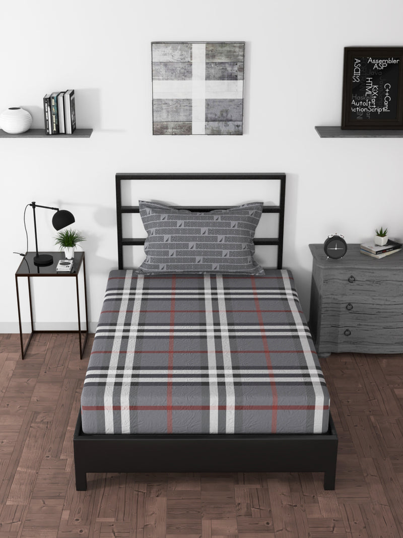BEDSHEET 100% Premium Cotton Single Bedsheet With 1 Pillow Cover <small> (checks-grey)</small>
