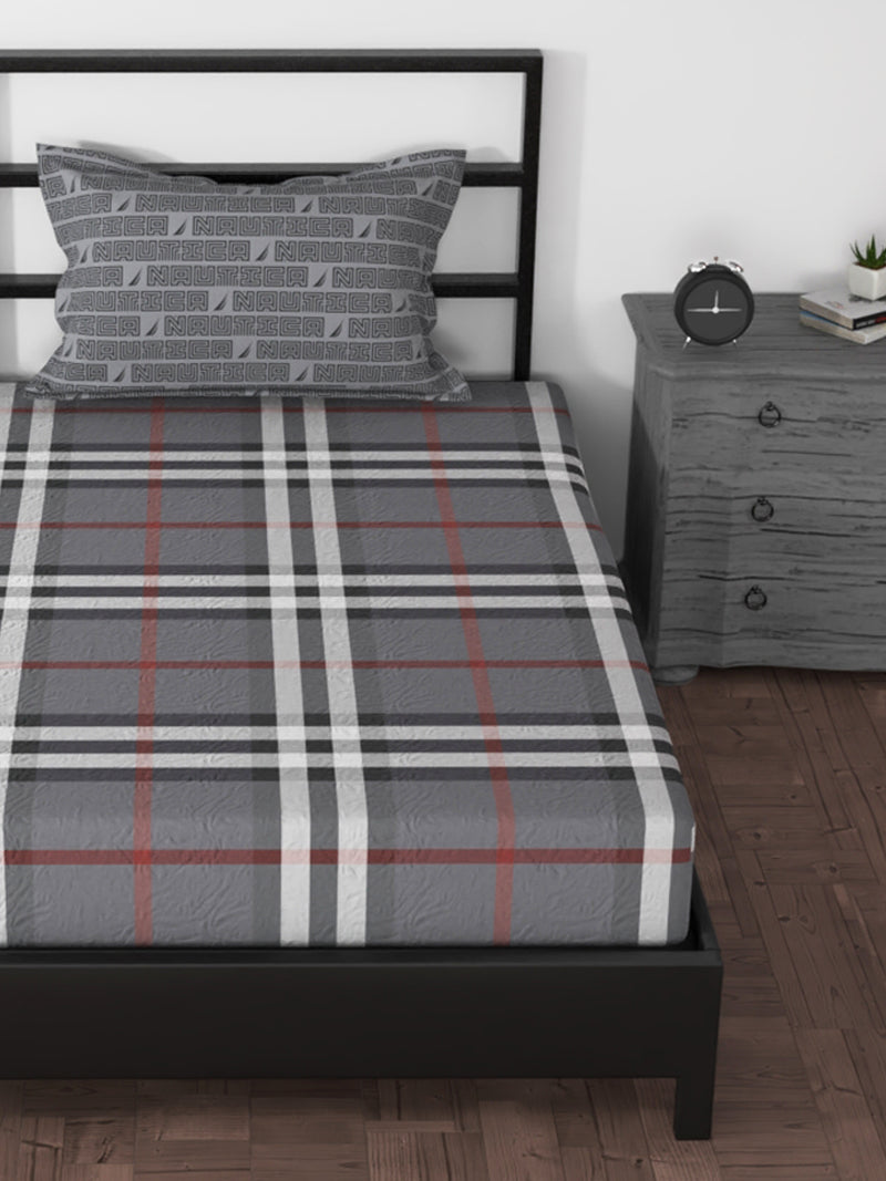 100% Premium Cotton Single Bedsheet With 1 Pillow Cover <small> (checks-grey)</small>