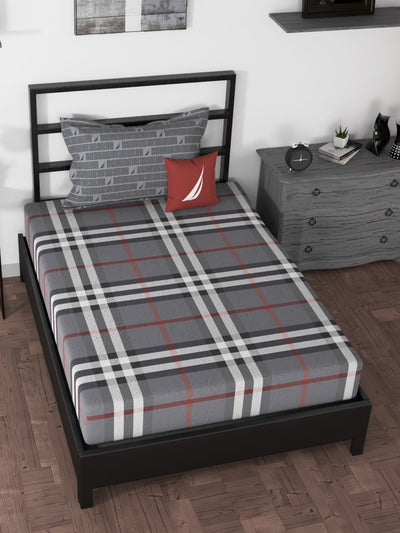 100% Premium Cotton Single Bedsheet With 1 Pillow Cover <small> (checks-grey)</small>