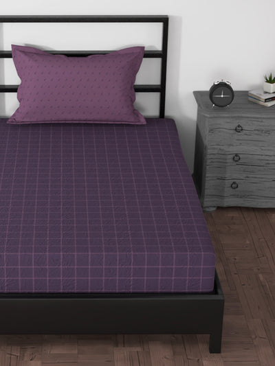 100% Premium Cotton Single Bedsheet With 1 Pillow Cover <small> (checks-wine/purple)</small>