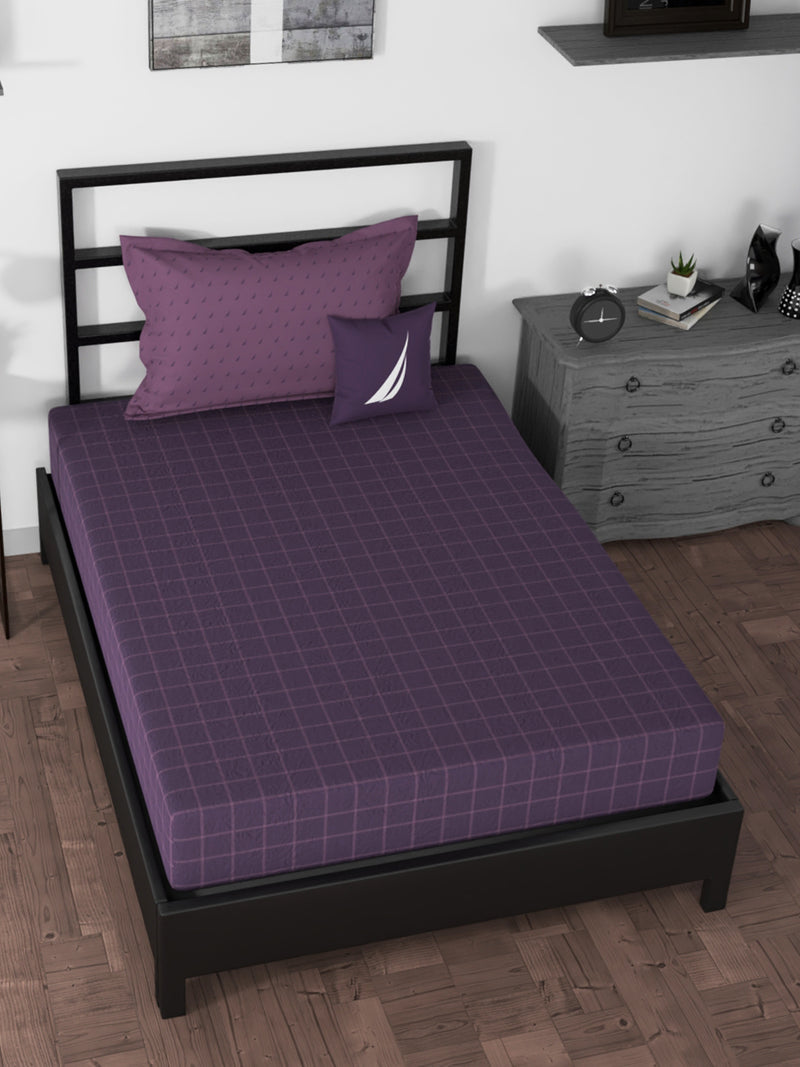 100% Premium Cotton Single Bedsheet With 1 Pillow Cover <small> (checks-wine/purple)</small>