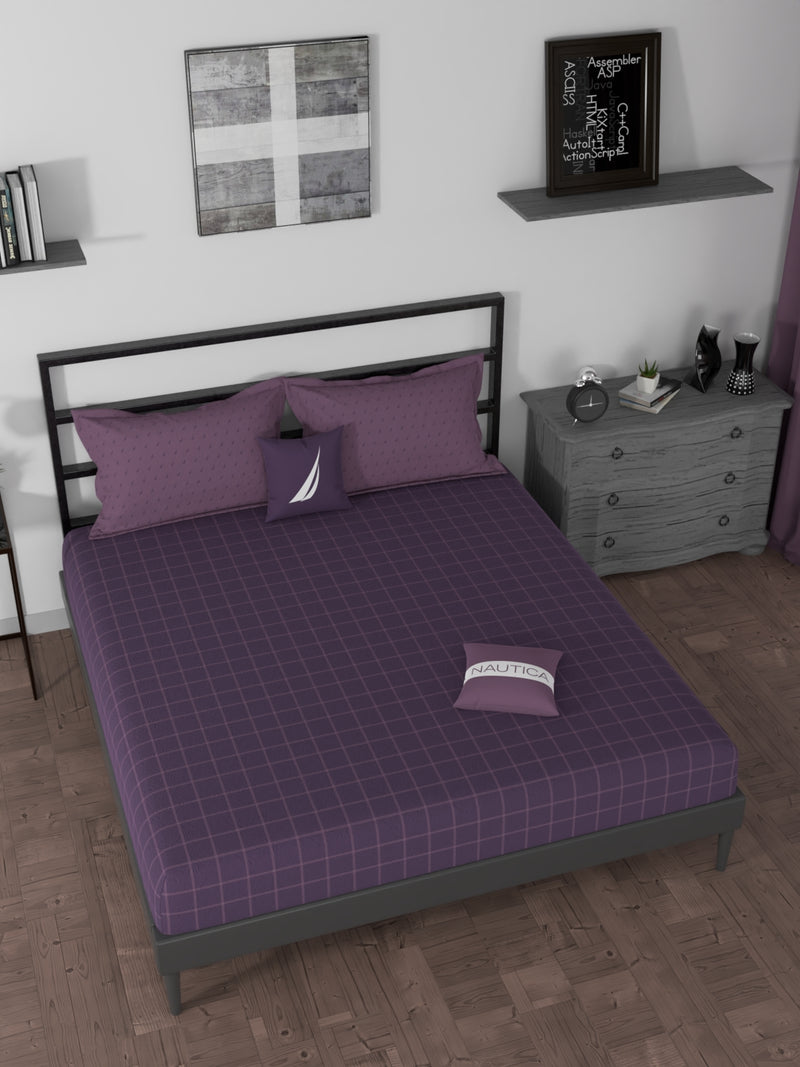 BEDSHEET 100% Premium Cotton King Bedsheet With 2 Pillow Covers <small> (checks-wine/purple)</small>