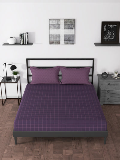 100% Premium Cotton King Bedsheet With 2 Pillow Covers <small> (checks-wine/purple)</small>