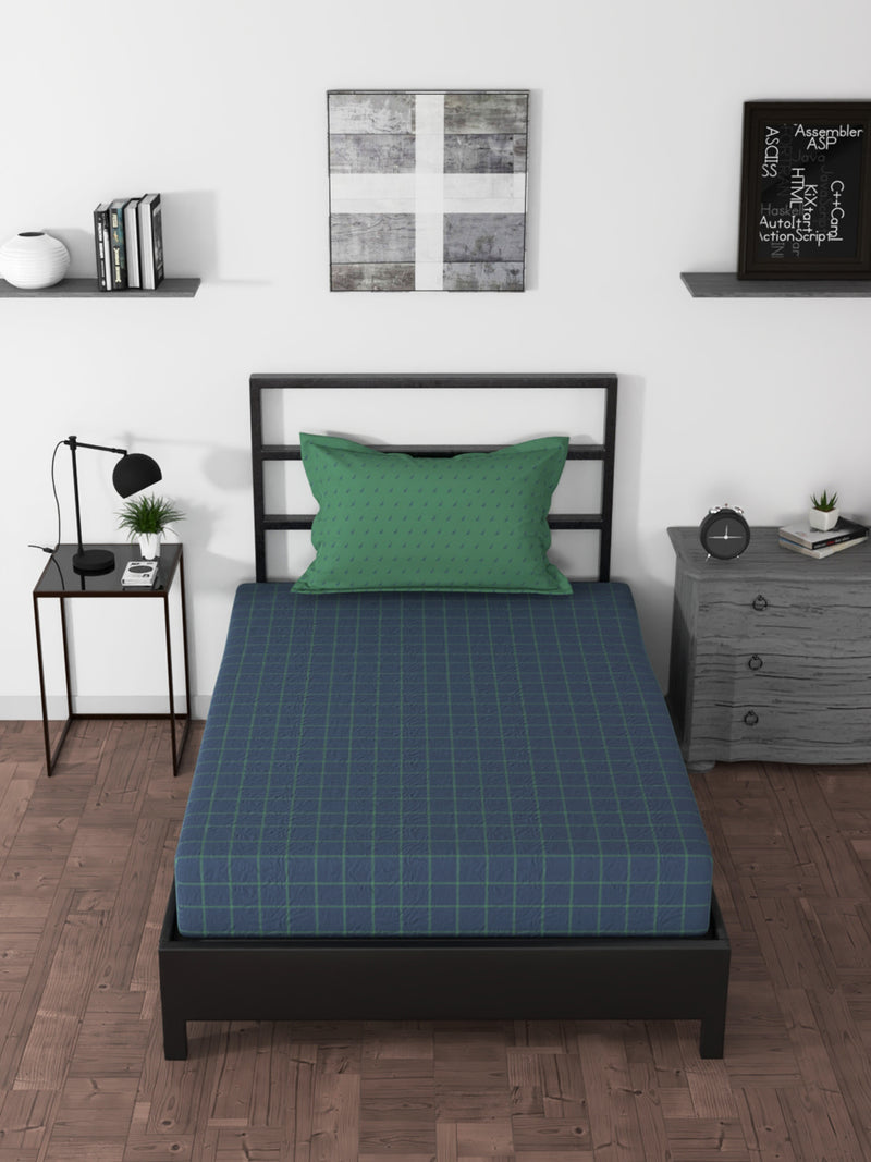 BEDSHEET 100% Premium Cotton Single Bedsheet With 1 Pillow Cover <small> (checks-blue/green)</small>