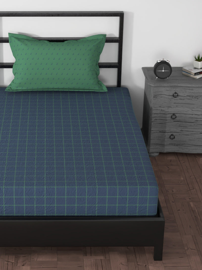 100% Premium Cotton Single Bedsheet With 1 Pillow Cover <small> (checks-blue/green)</small>
