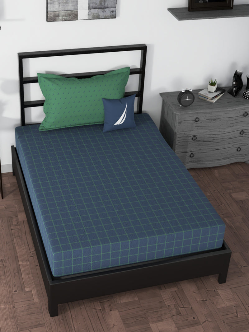 100% Premium Cotton Single Bedsheet With 1 Pillow Cover <small> (checks-blue/green)</small>