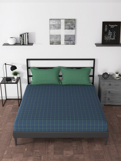 100% Premium Cotton King Bedsheet With 2 Pillow Covers <small> (checks-blue/green)</small>