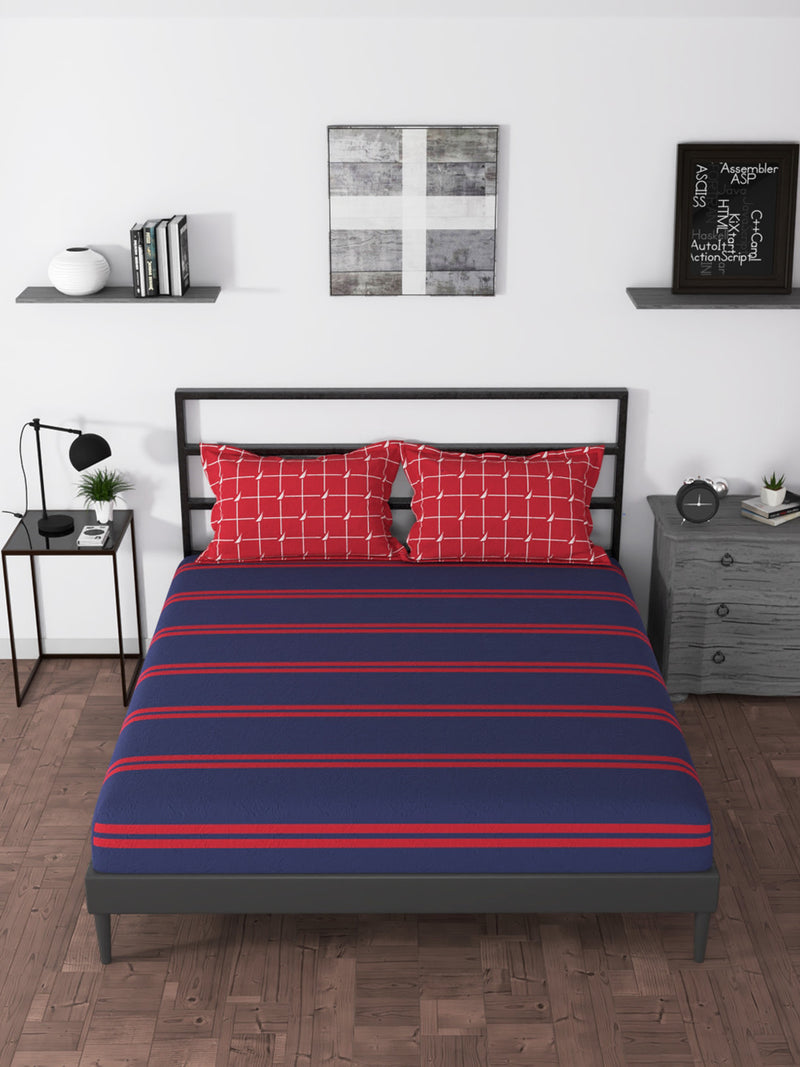 100% Premium Cotton King Bedsheet With 2 Pillow Covers <small> (stripe-blue/red)</small>