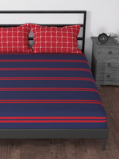 100% Premium Cotton King Bedsheet With 2 Pillow Covers <small> (stripe-blue/red)</small>