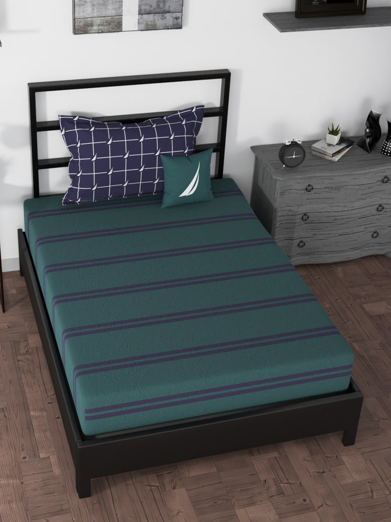 100% Premium Cotton Single Bedsheet With 1 Pillow Cover <small> (stripe-green/blue)</small>
