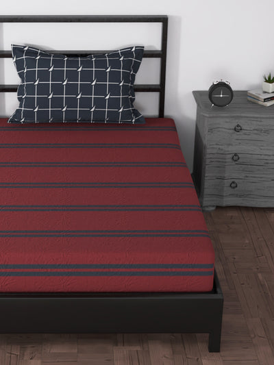100% Premium Cotton Single Bedsheet With 1 Pillow Cover <small> (stripe-red/black)</small>