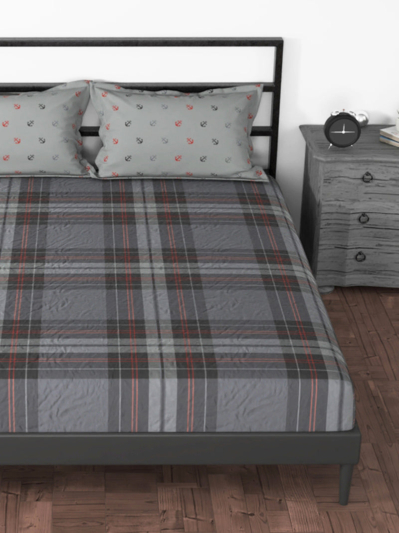 100% Premium Cotton King Bedsheet With 2 Pillow Covers <small> (checks-grey)</small>