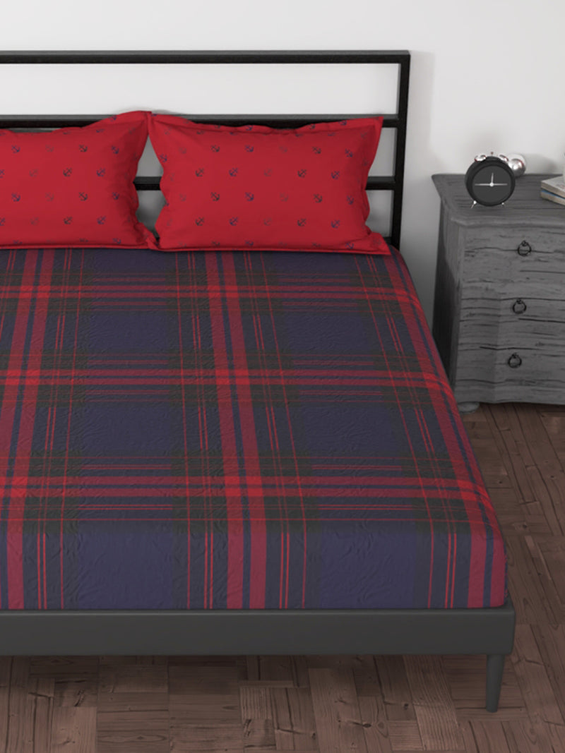 100% Premium Cotton King Bedsheet With 2 Pillow Covers <small> (checks-blue/red)</small>