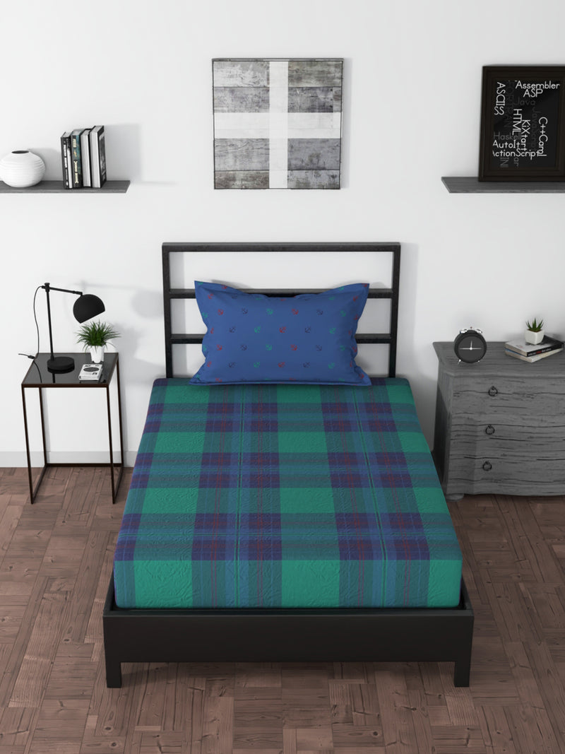 BEDSHEET 100% Premium Cotton Single Bedsheet With 1 Pillow Cover <small> (checks-green/blue)</small>