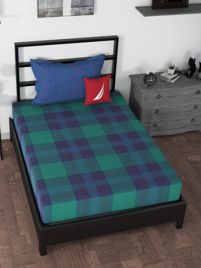 100% Premium Cotton Single Bedsheet With 1 Pillow Cover <small> (checks-green/blue)</small>