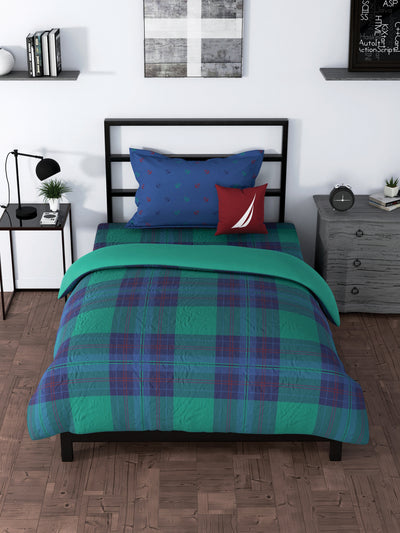 100% Premium Cotton Single Bedsheet With 1 Pillow Cover <small> (checks-green/blue)</small>