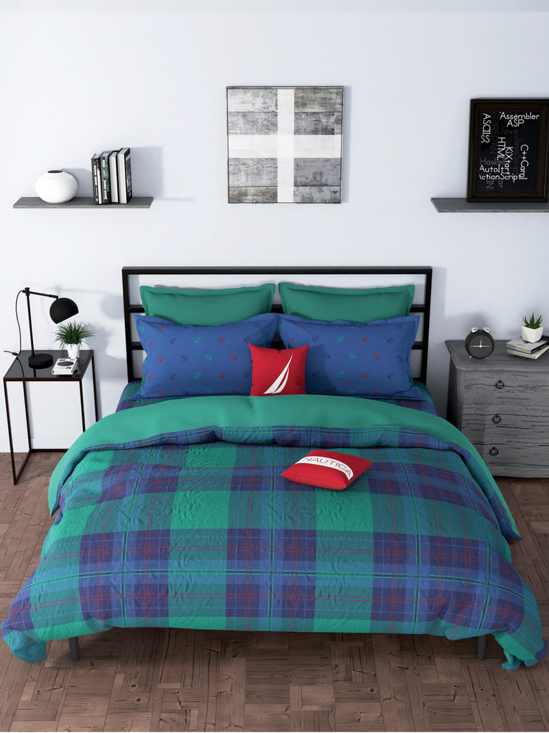 100% Premium Cotton King Bedsheet With 2 Pillow Covers <small> (checks-green/blue)</small>