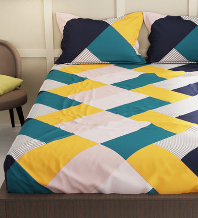 Extra Smooth Micro Double Bedsheet With 2 Pillow Covers + 2 Pillows <small> (geometric-ylw/multi)</small>