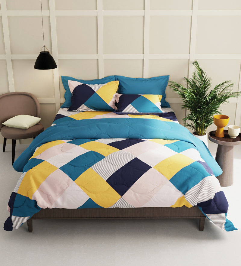 Extra Smooth Micro Double Bedsheet With 2 Pillow Covers + 2 Pillows <small> (geometric-ylw/multi)</small>