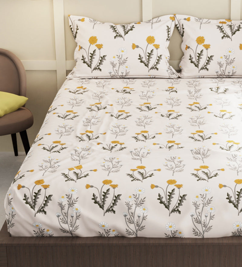 Extra Smooth Micro Double Bedsheet With 2 Pillow Covers + 2 Pillows <small> (floral-beige/grey)</small>
