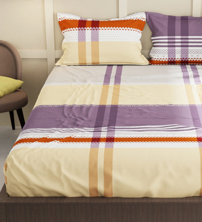 Extra Smooth Micro Double Bedsheet With 2 Pillow Covers + 2 Pillows <small> (stripe-beige/multi)</small>
