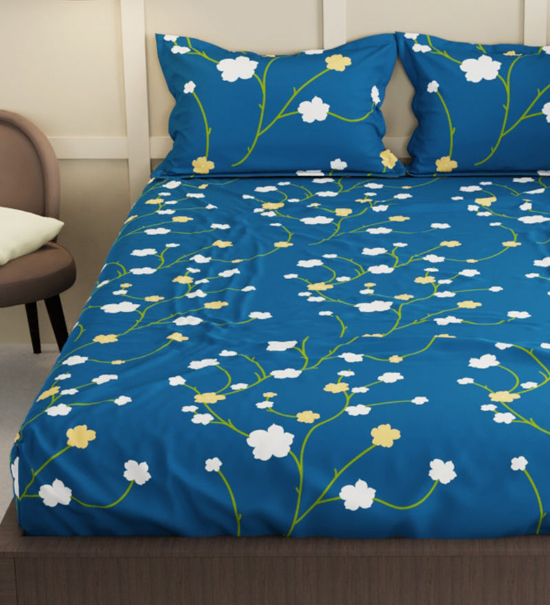 Extra Smooth Micro Double Bedsheet With 2 Pillow Covers + 2 Pillows <small> (floral-blue)</small>