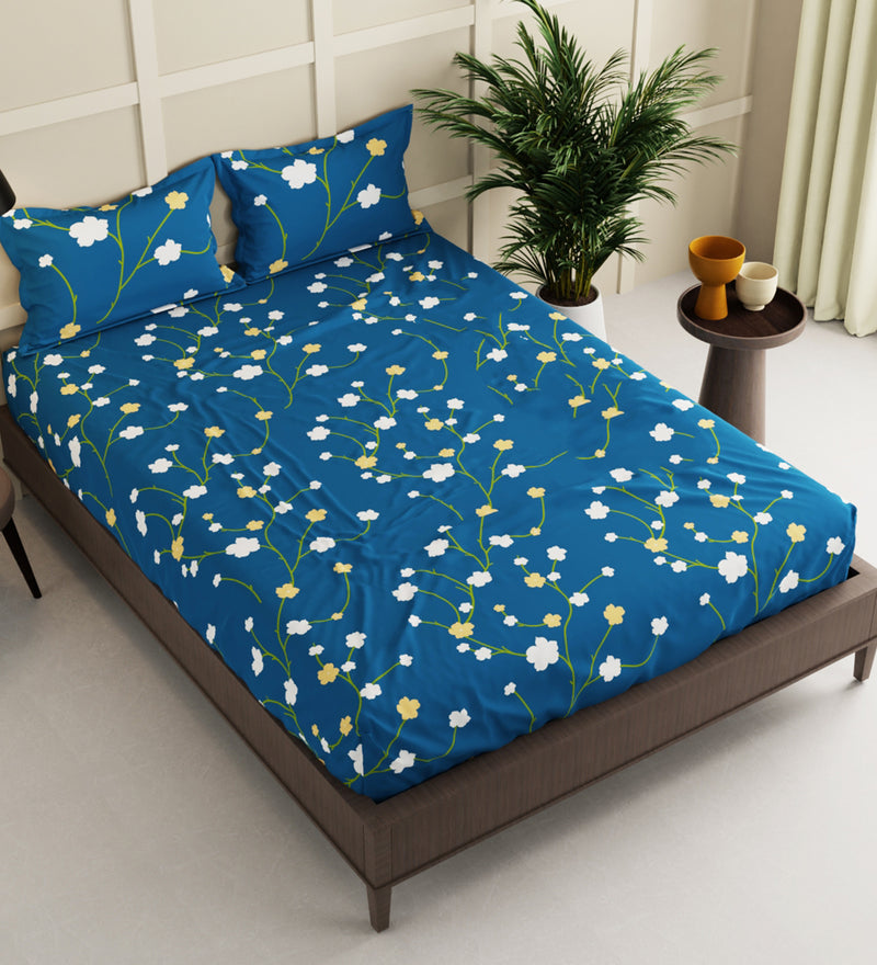 Extra Smooth Micro Double Bedsheet With 2 Pillow Covers + 2 Pillows <small> (floral-blue)</small>