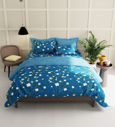 Extra Smooth Micro Double Bedsheet With 2 Pillow Covers + 2 Pillows <small> (floral-blue)</small>