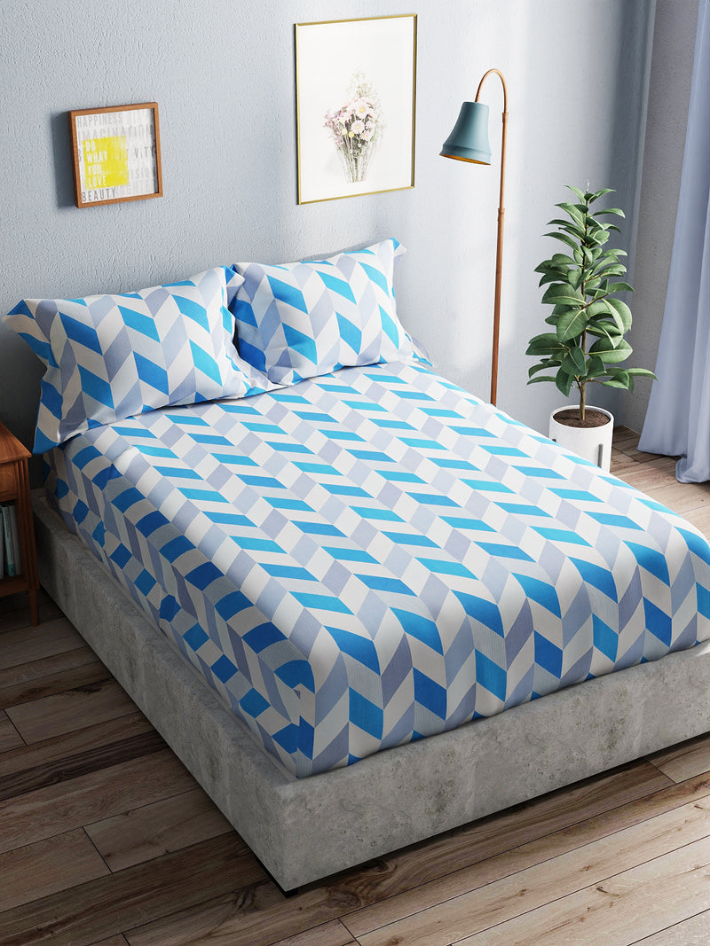 Soft 100% Natural Cotton King Size Double Bedsheet With 2 Pillow Covers <small> (geometric-blue)</small>