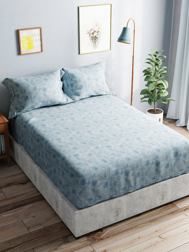 Soft 100% Natural Cotton King Size Double Bedsheet With 2 Pillow Covers <small> (floral-dusty teal)</small>