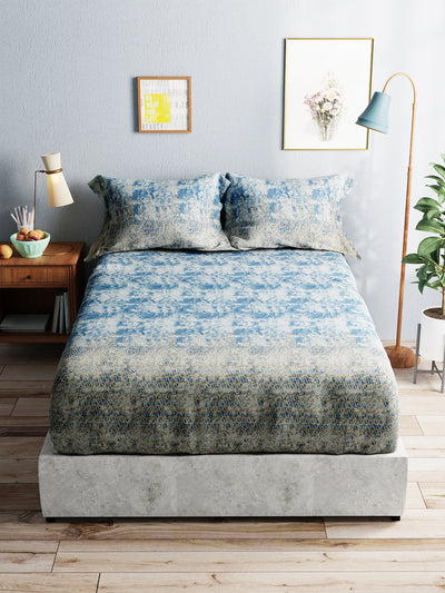 Soft 100% Natural Cotton King Size Double Bedsheet With 2 Pillow Covers <small> (geometric-blue/grey)</small>