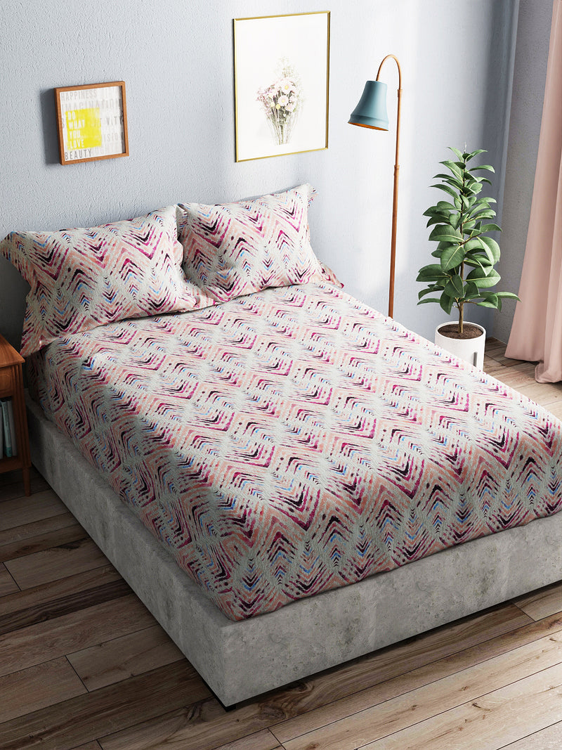 Soft 100% Natural Cotton King Size Double Bedsheet With 2 Pillow Covers <small> (geometric-pink/multi)</small>