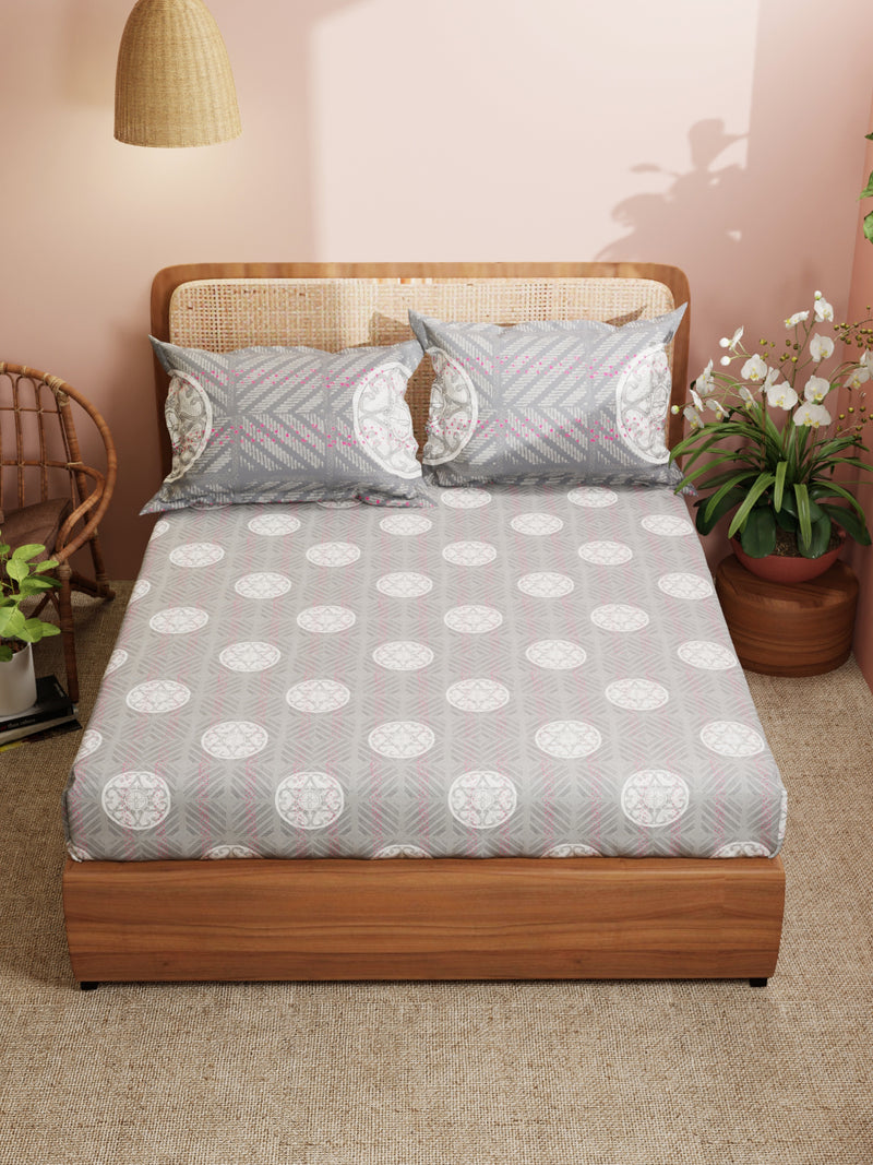 Super Soft 100% Cotton King Bedsheet With 2 Pillow Covers <small> (ornamental-natural gray)</small>