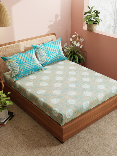 Super Soft 100% Cotton King Bedsheet With 2 Pillow Covers <small> (ornamental-blue/sage)</small>