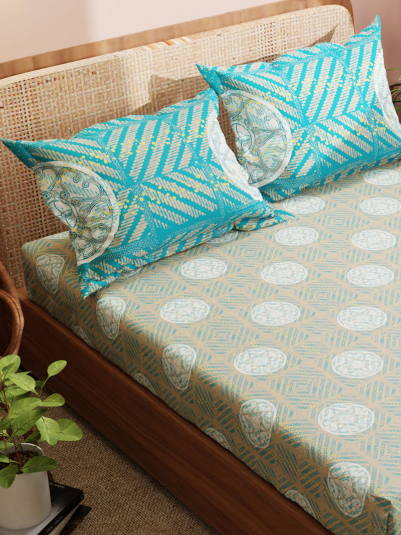 Super Soft 100% Cotton King Bedsheet With 2 Pillow Covers <small> (ornamental-blue/sage)</small>