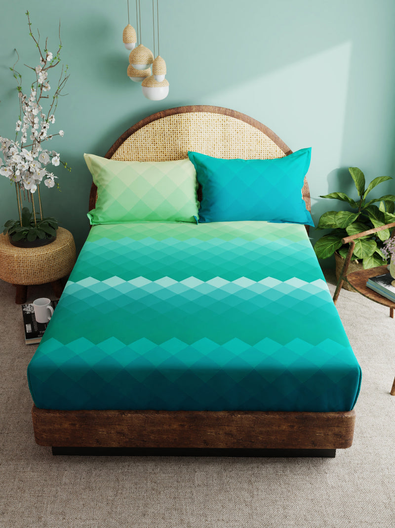 Super Soft 100% Cotton Xl King Size Bedsheet With 2 Pillow Covers <small> (geometric-green)</small>