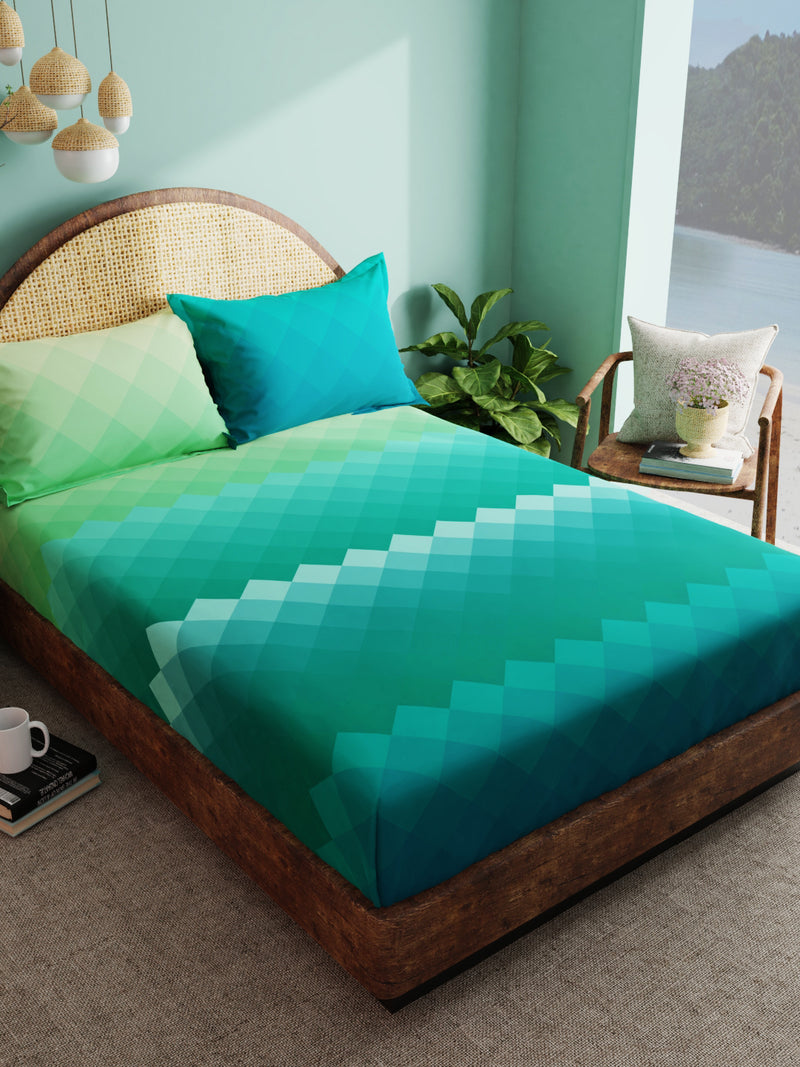 Super Soft 100% Cotton Xl King Size Bedsheet With 2 Pillow Covers <small> (geometric-green)</small>