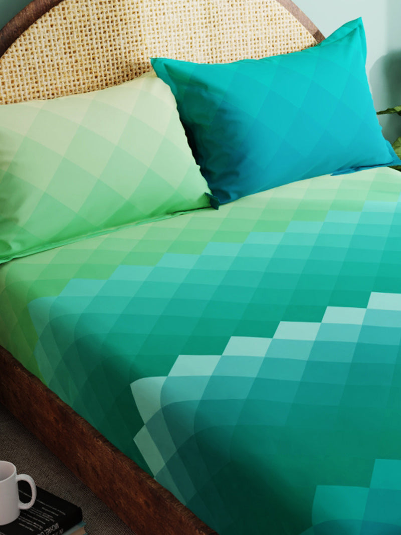Super Soft 100% Cotton Xl King Size Bedsheet With 2 Pillow Covers <small> (geometric-green)</small>