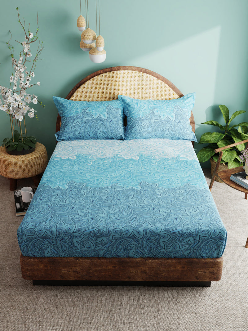 Super Soft 100% Cotton Xl King Size Bedsheet With 2 Pillow Covers <small> (floral-blue)</small>