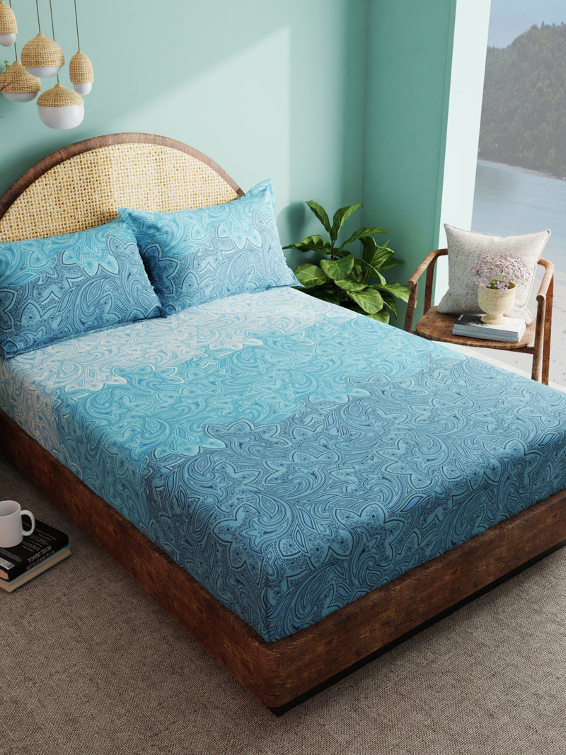 Super Soft 100% Cotton Xl King Size Bedsheet With 2 Pillow Covers <small> (floral-blue)</small>