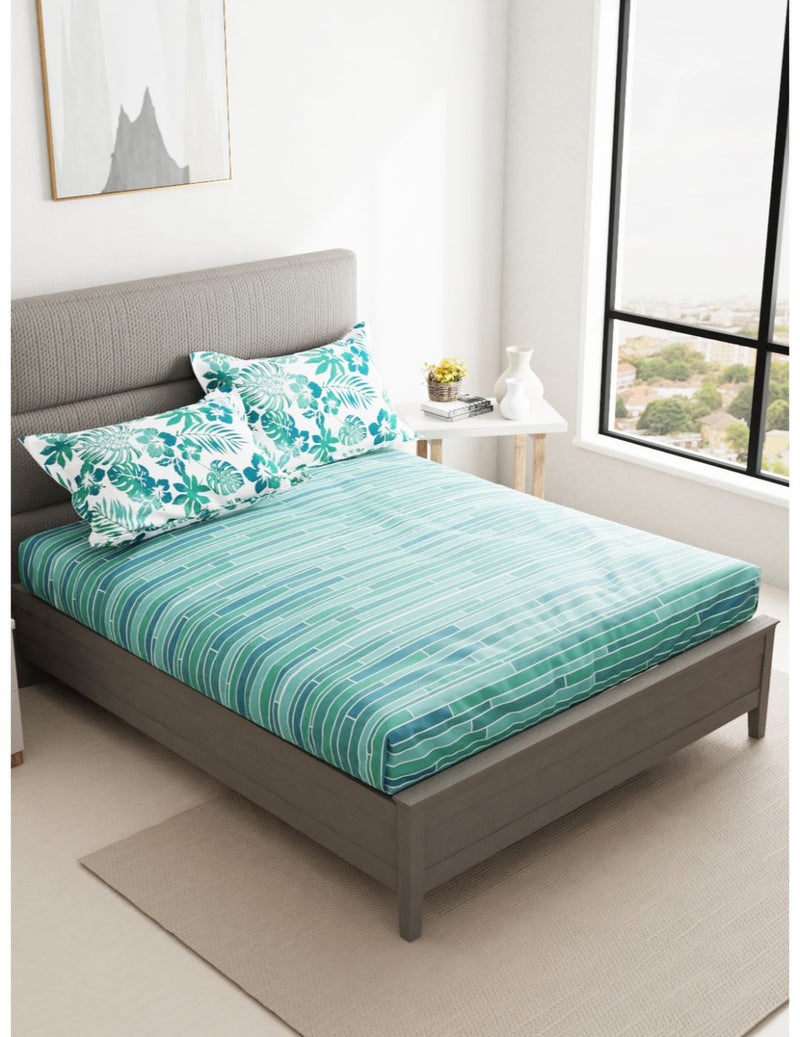 Soft 100% Natural Cotton Double Bedsheet With 2 Pillow Covers <small> (stripe-sea green)</small>