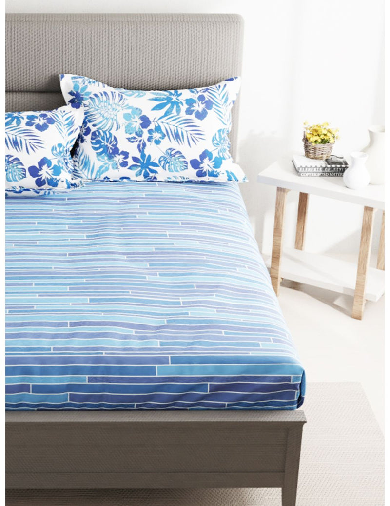 Soft 100% Natural Cotton Double Bedsheet With 2 Pillow Covers <small> (stripe-blue)</small>