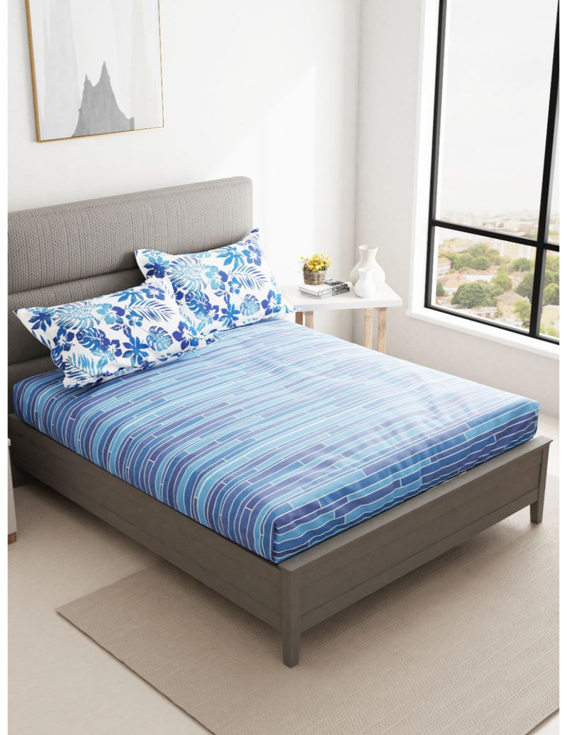 Soft 100% Natural Cotton Double Bedsheet With 2 Pillow Covers <small> (stripe-blue)</small>